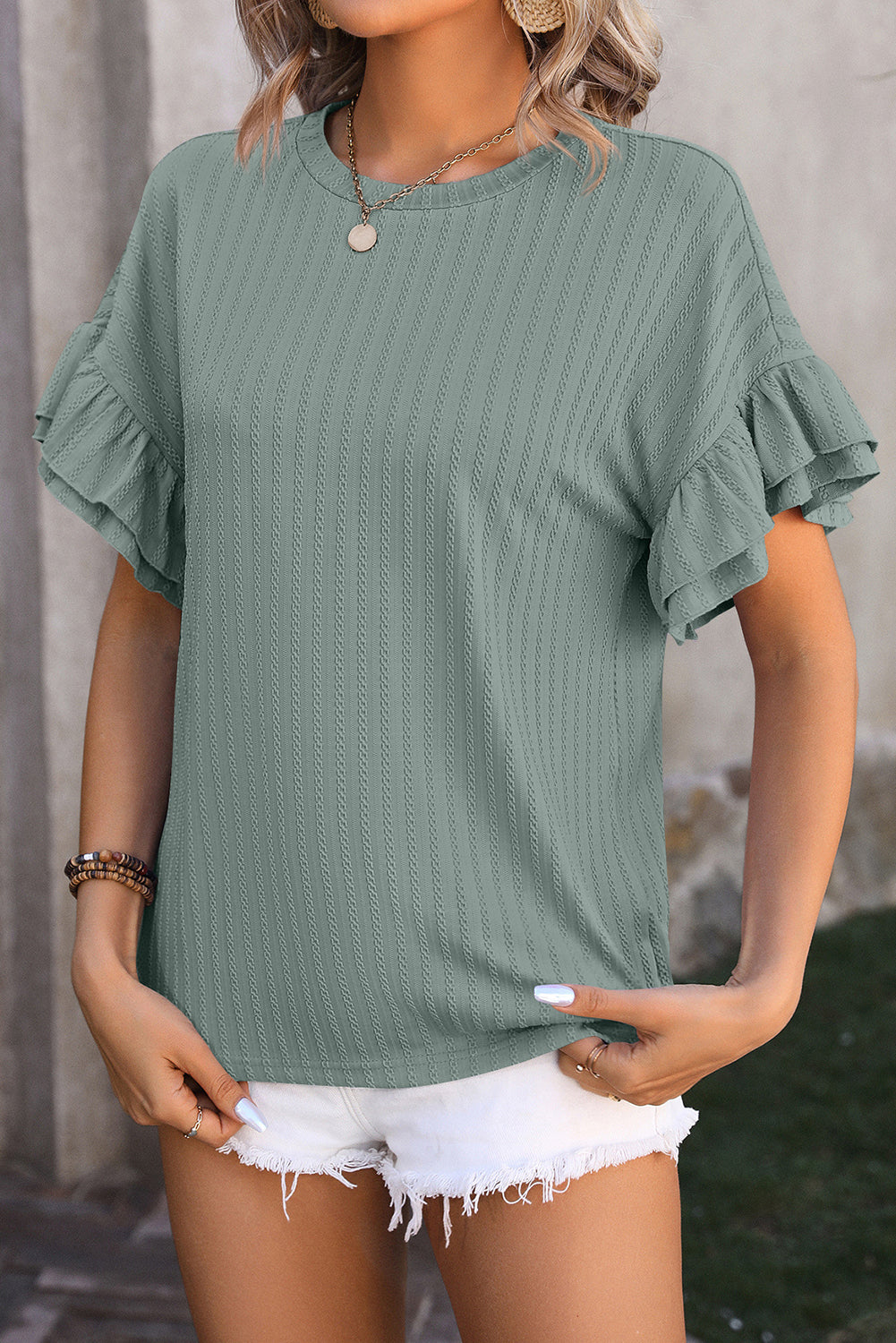 Mist Green Plain Textured Layered Ruffle Sleeve T Shirt