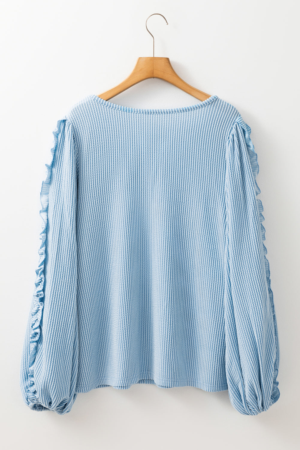 Mist Blue Corded Frill Detail Puff Sleeve Top