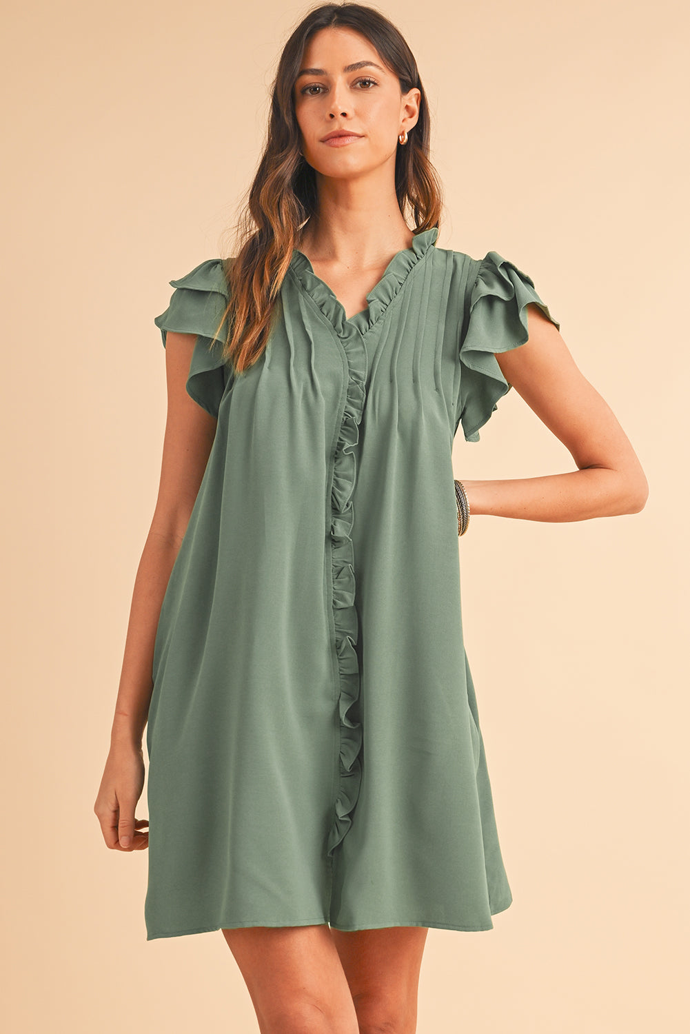 Mist Green Ruffle Trim Sleeve V Neck Pocketed Mini Dress