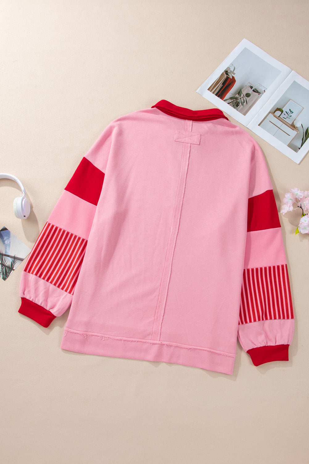 Rose Striped Patchwork Side Split Collared Plus Size Sweatshirt