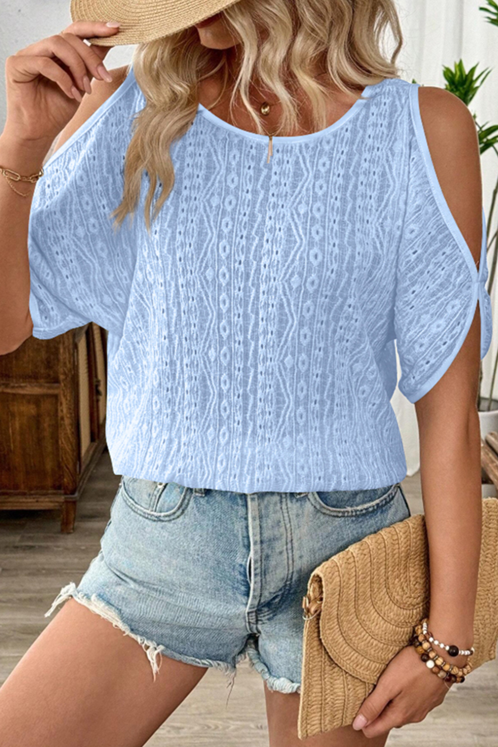 Sky Blue Solid Color Cold Shoulder Dolman Sleeve Top