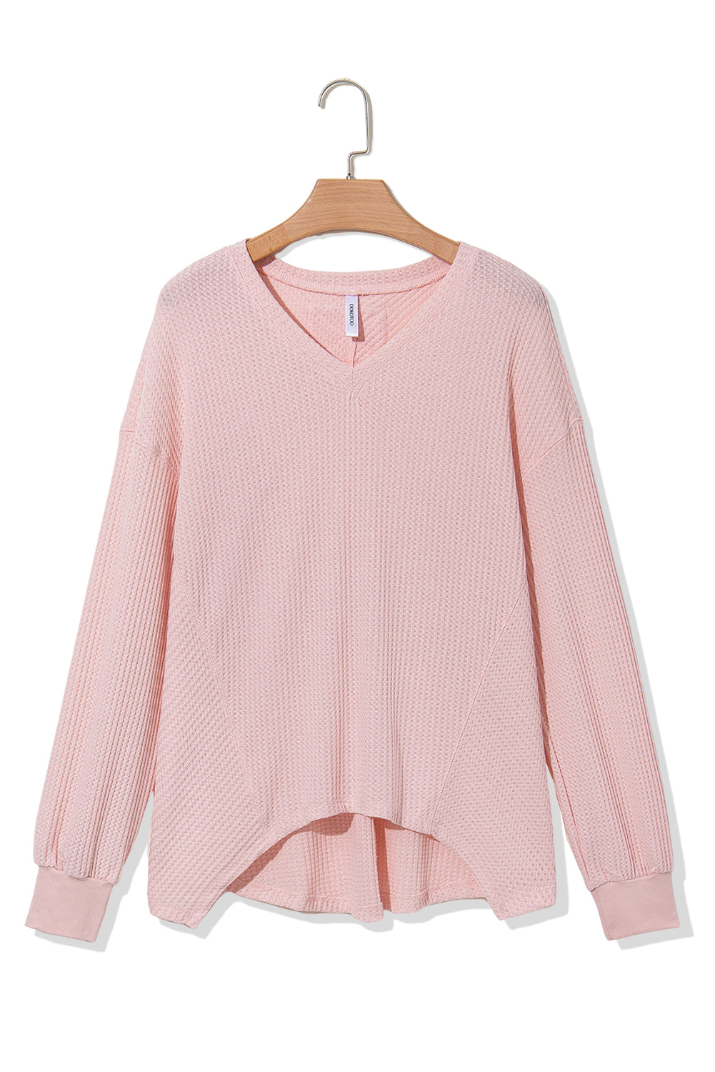 Light Pink Waffle V Neck Drop Shoulder Long Sleeve Loose Top