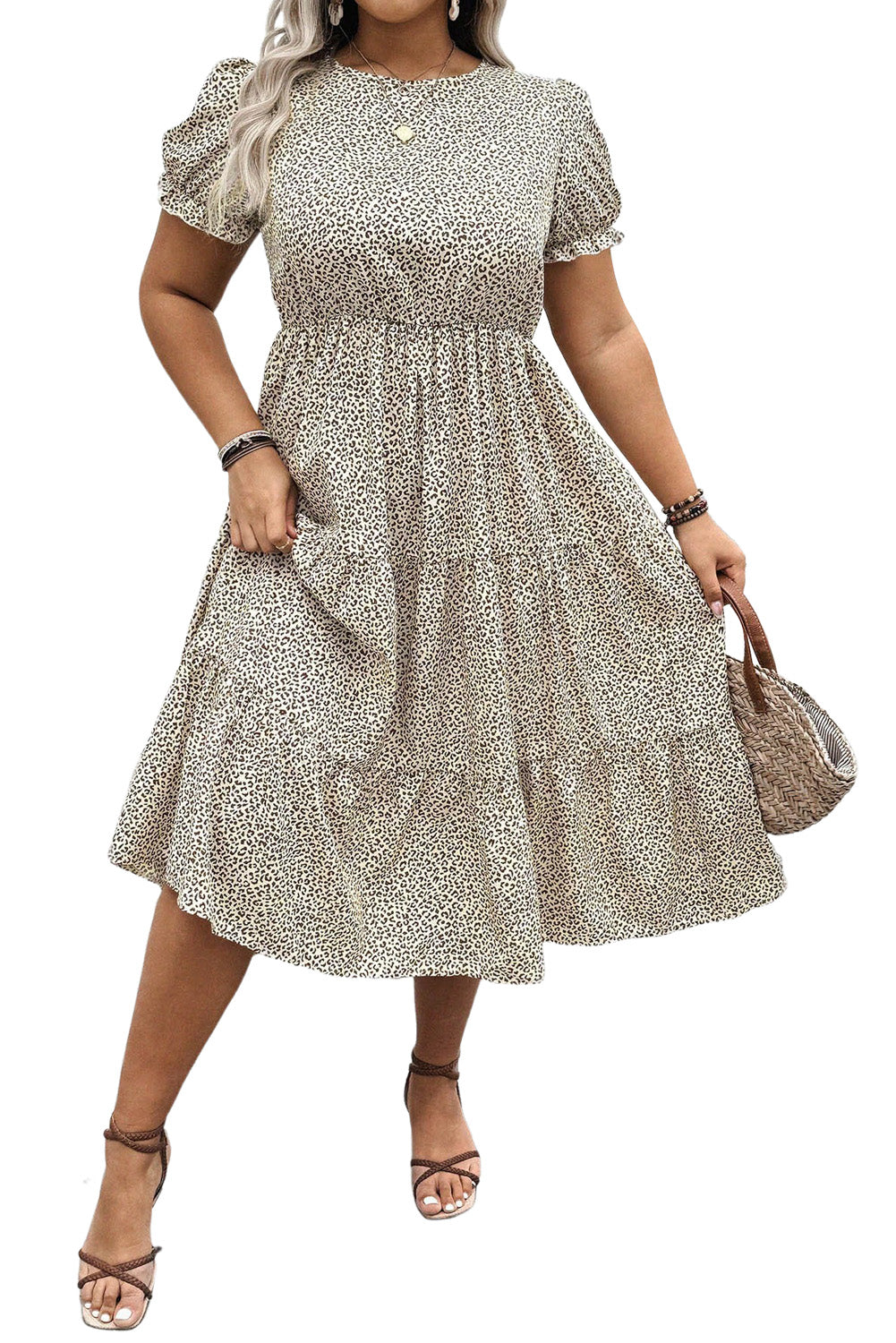 Beige Plus Size Leopard Print Frill Trim Short Sleeve Flared Dress