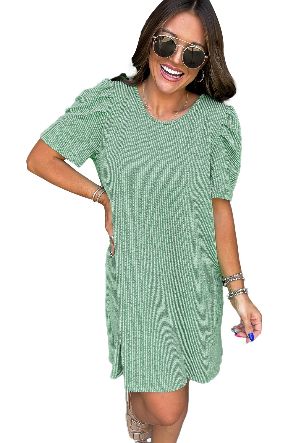 Mint Green Corded Crew Neck Puff Sleeve Mini Dress