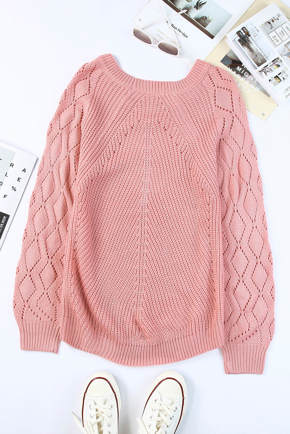 Pink Knit Hollow Out Long Sleeve Pullover Sweater