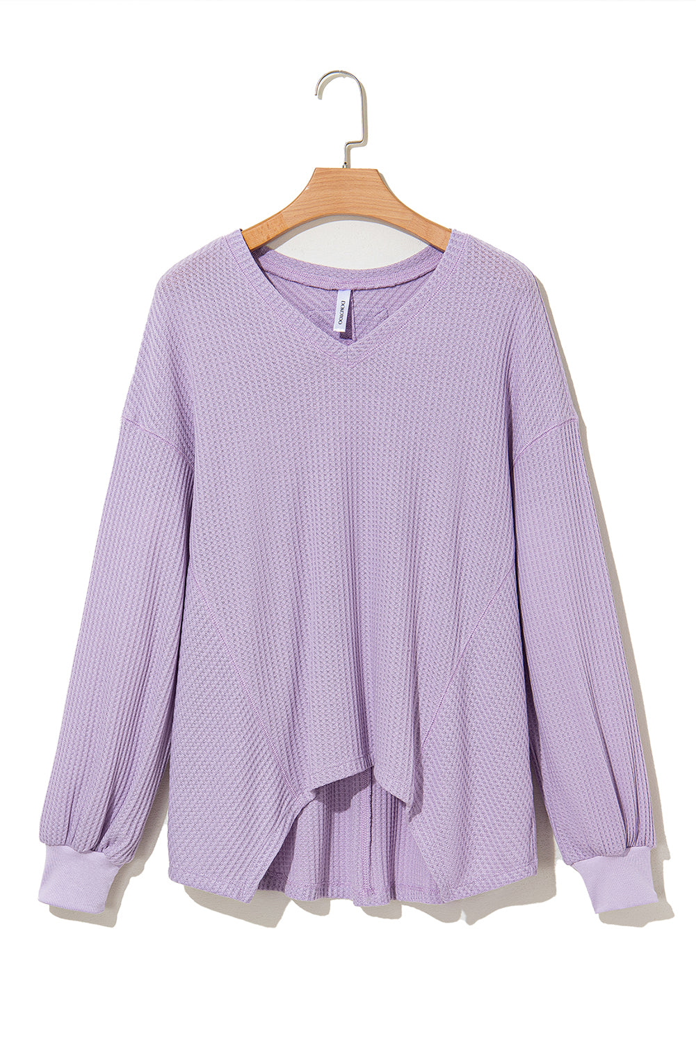 Light Pink Waffle V Neck Drop Shoulder Long Sleeve Loose Top