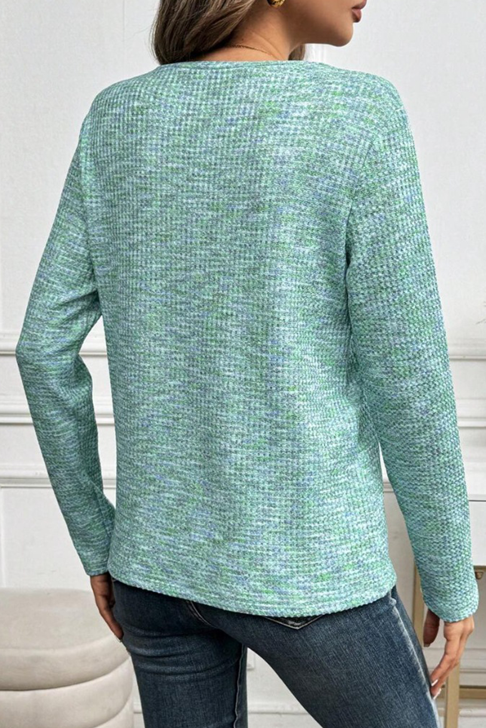 Moonlight Jade Button Long Sleeve V Neck Waffle Shirt