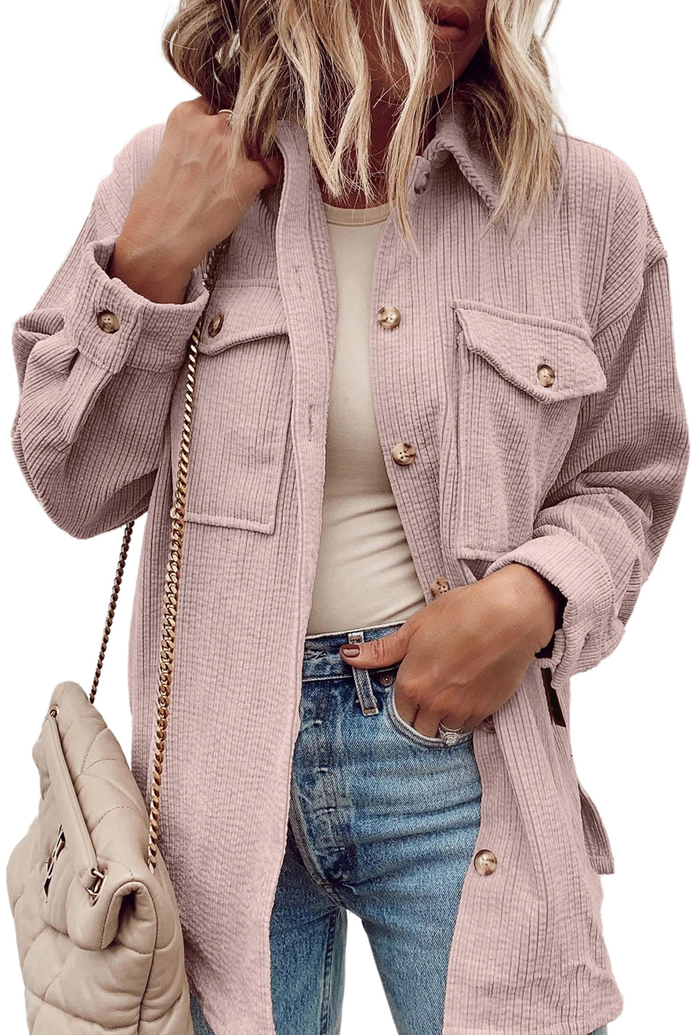 Light Pink Corduroy Flap Pocket Button Up Shacket