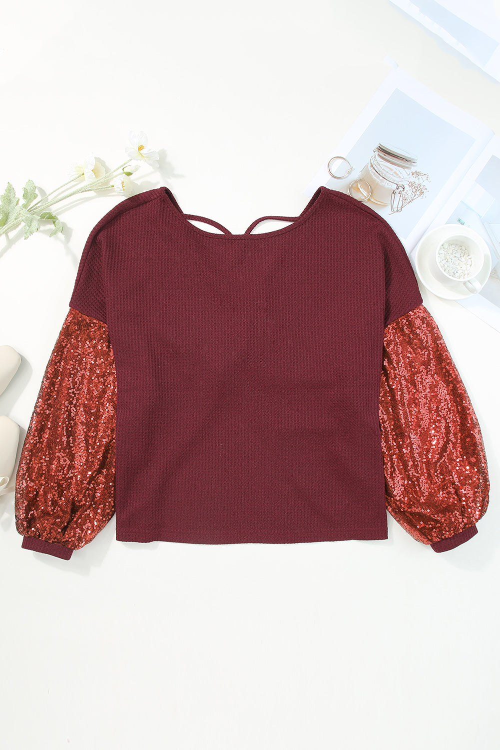 Red Cross Backless Sequin Bishop Sleeve Top