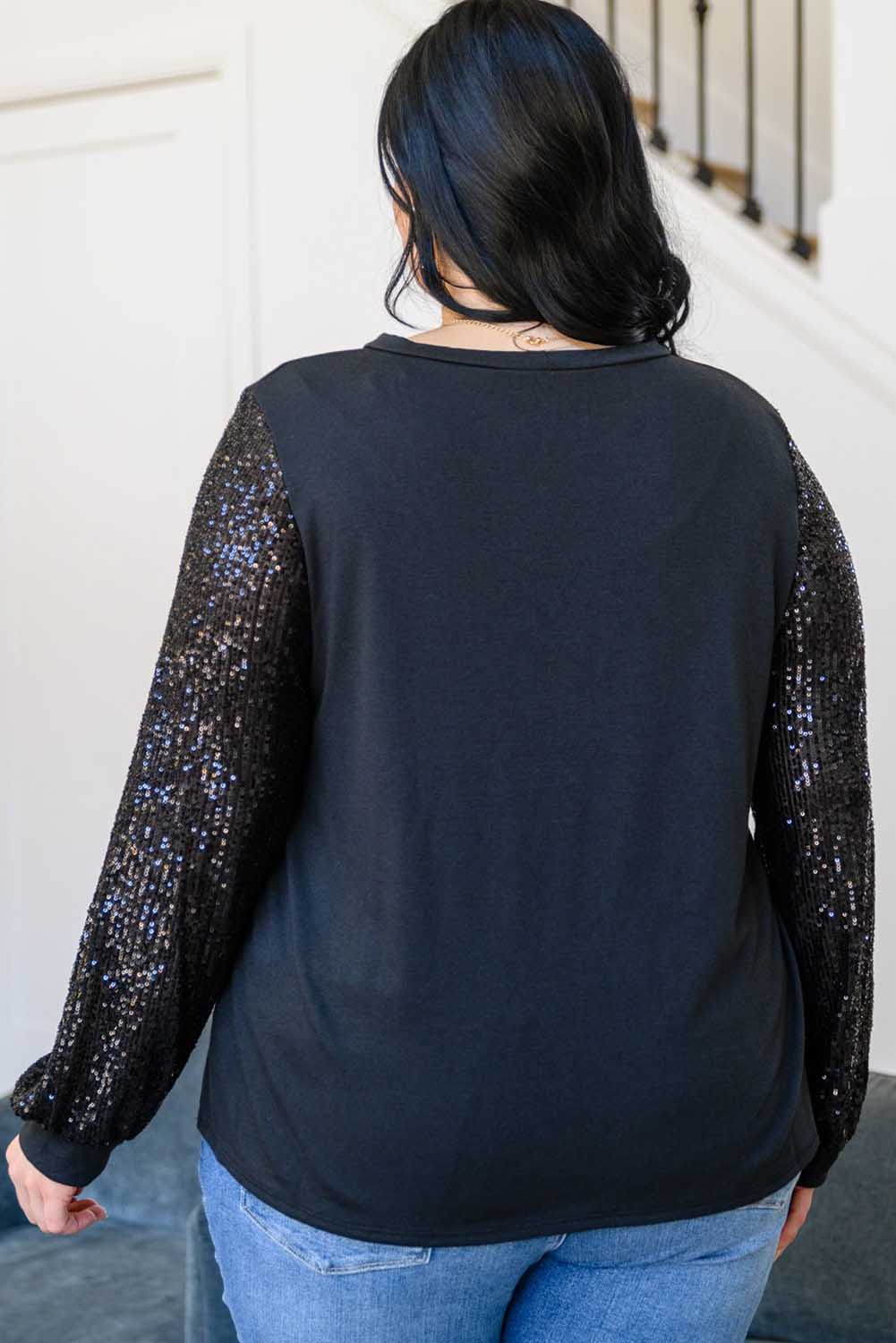 Black Sequin Contrast Long Sleeve Plus Size Top