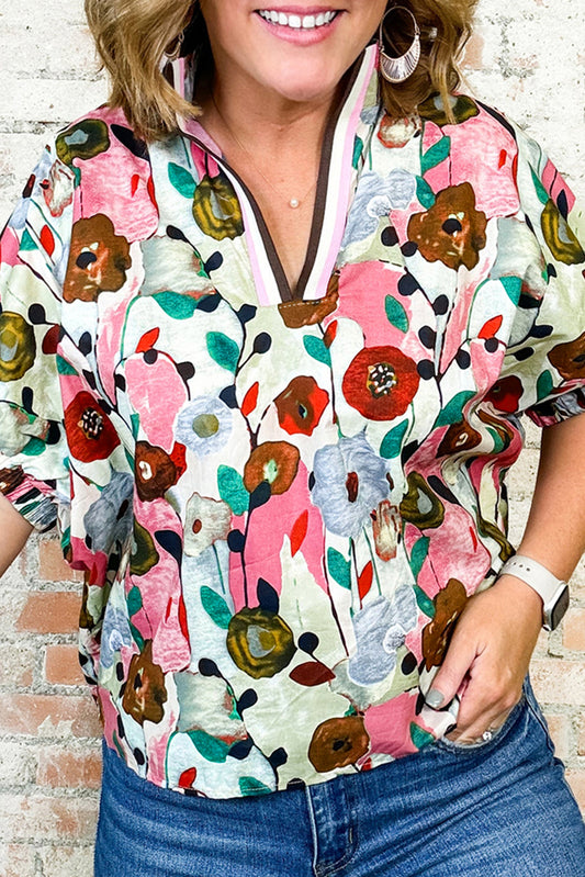 Pink V-Neck Floral Print Boho Blouse