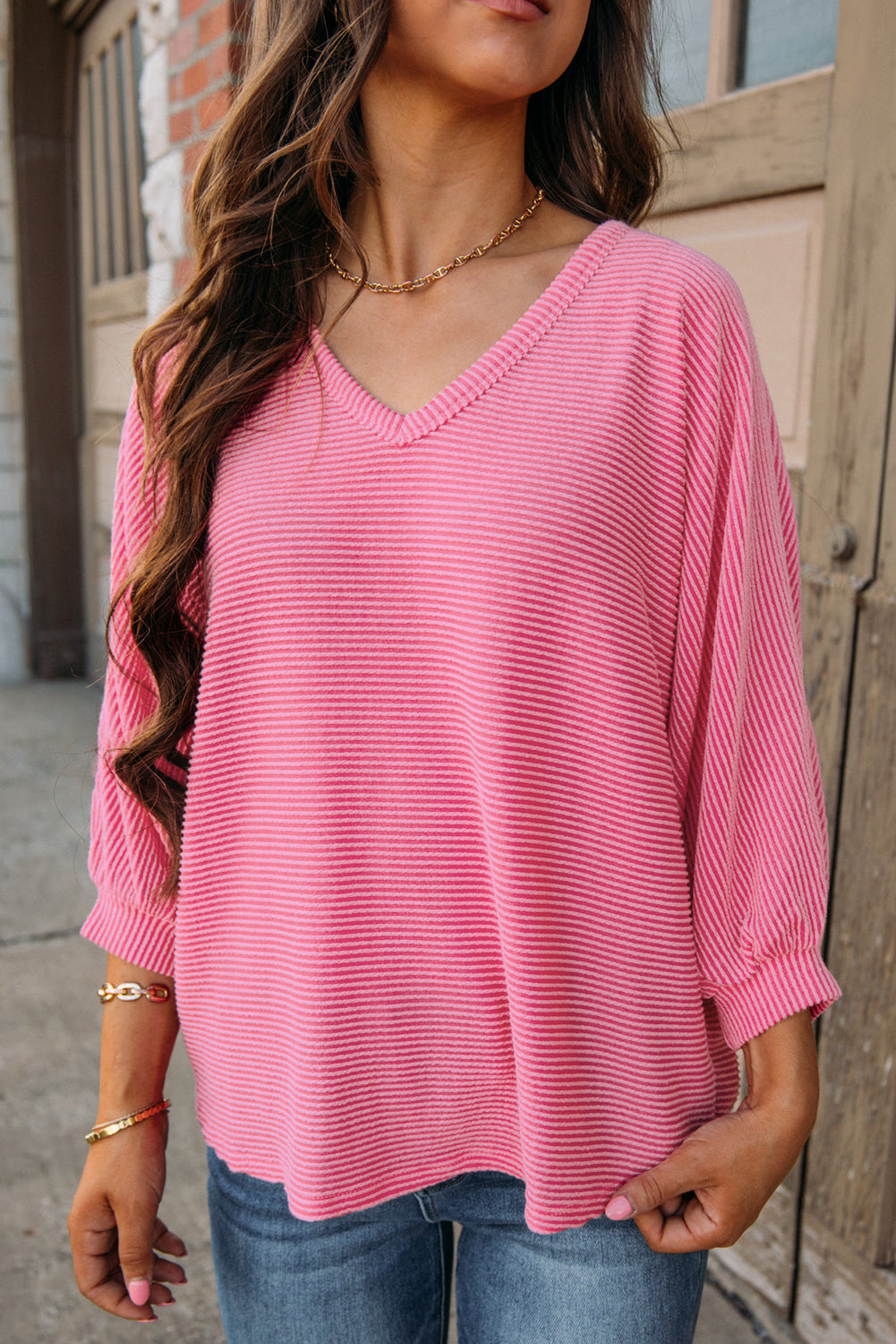 Strawberry Pink Ribbed Striped V Neck Bracelet Sleeve Top