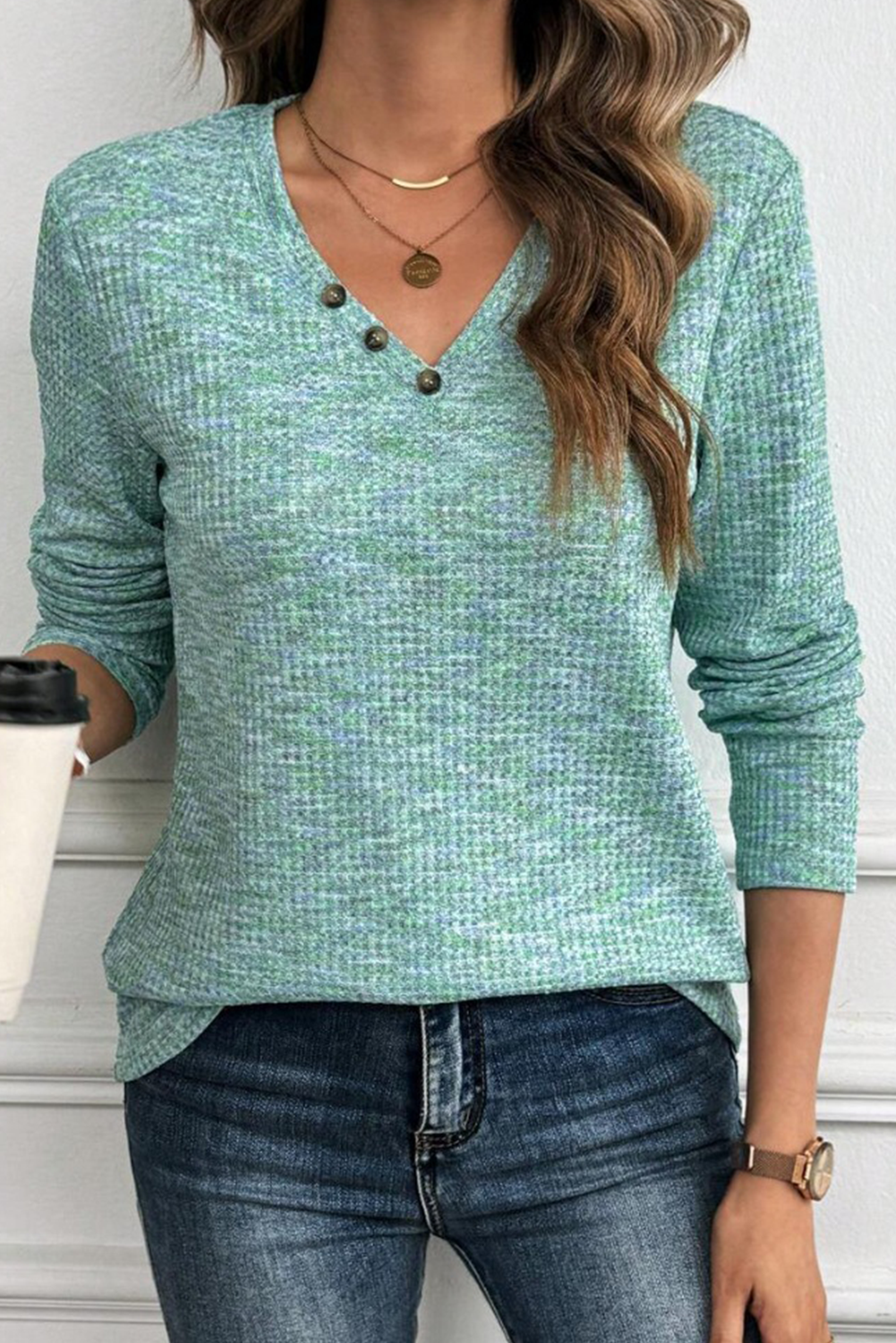 Moonlight Jade Button Long Sleeve V Neck Waffle Shirt