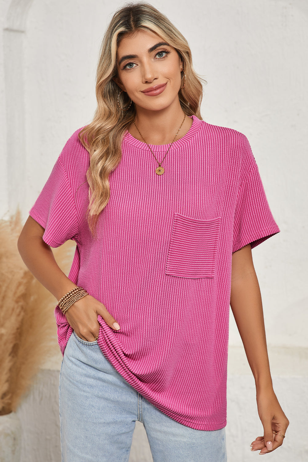 Turquoise Crinkle Rib Knit Pocketed Loose Fit Crew Neck T Shirt