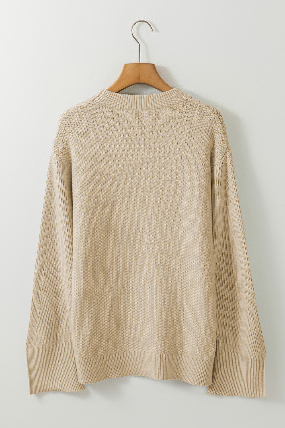 Parchment Solid Textured Knit Split Cuff Drop Shoulder Sweater