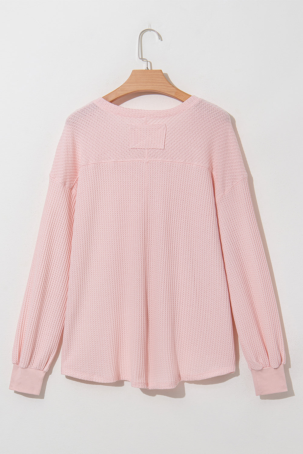 Light Pink Waffle V Neck Drop Shoulder Long Sleeve Loose Top