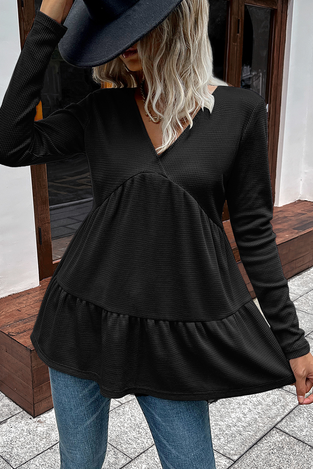 Black Solid Color Waffle V Neck Long Sleeve Top