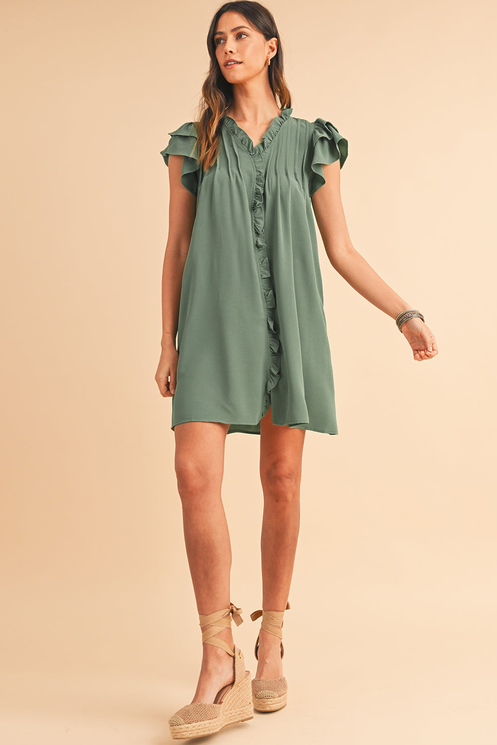 Mist Green Ruffle Trim Sleeve V Neck Pocketed Mini Dress