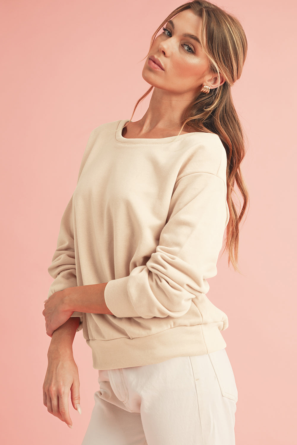 Apricot Bowknot Plain Round Neck Sweatshirt