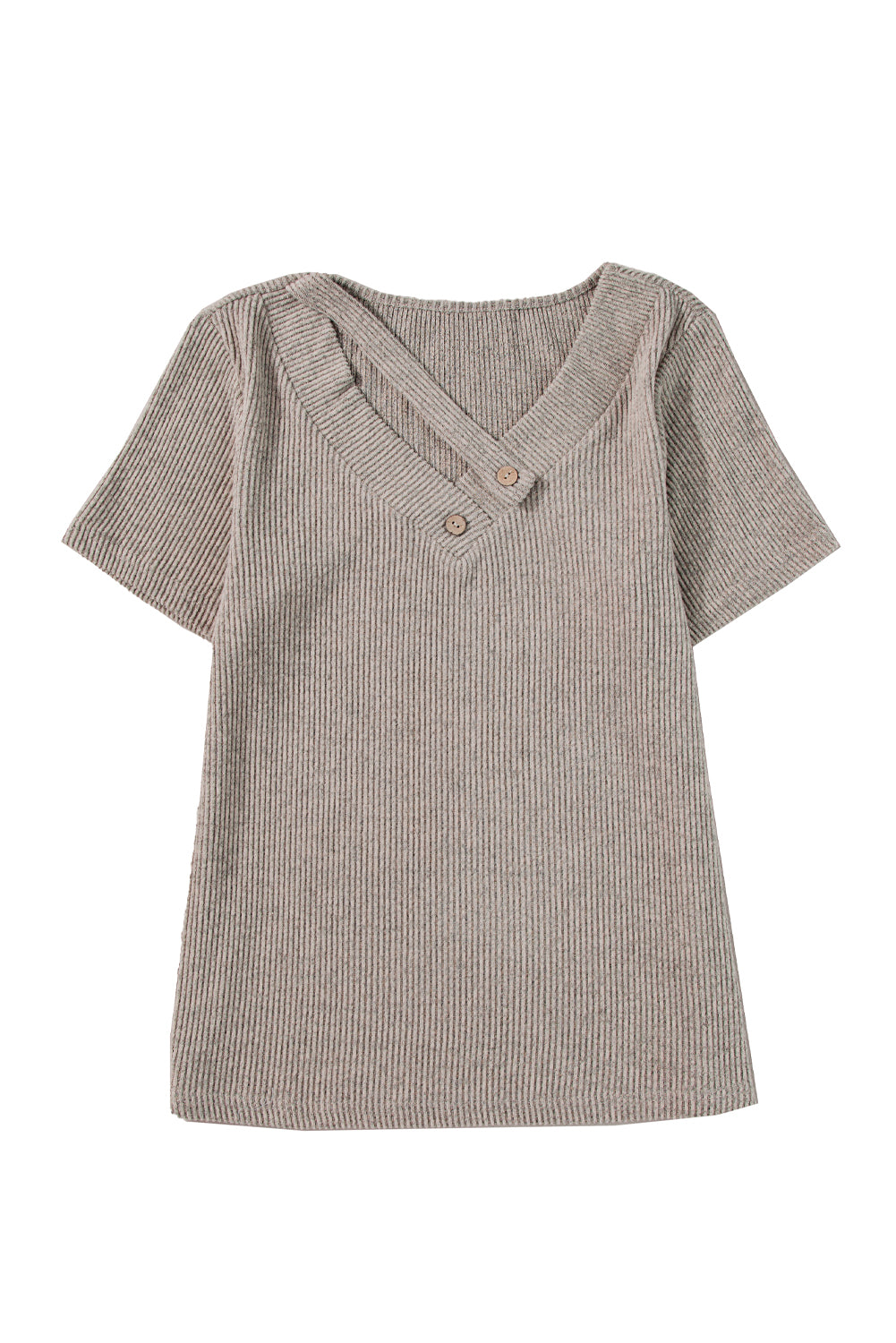 Pale Khaki Button Strappy V Neck Plain Ribbed Tee