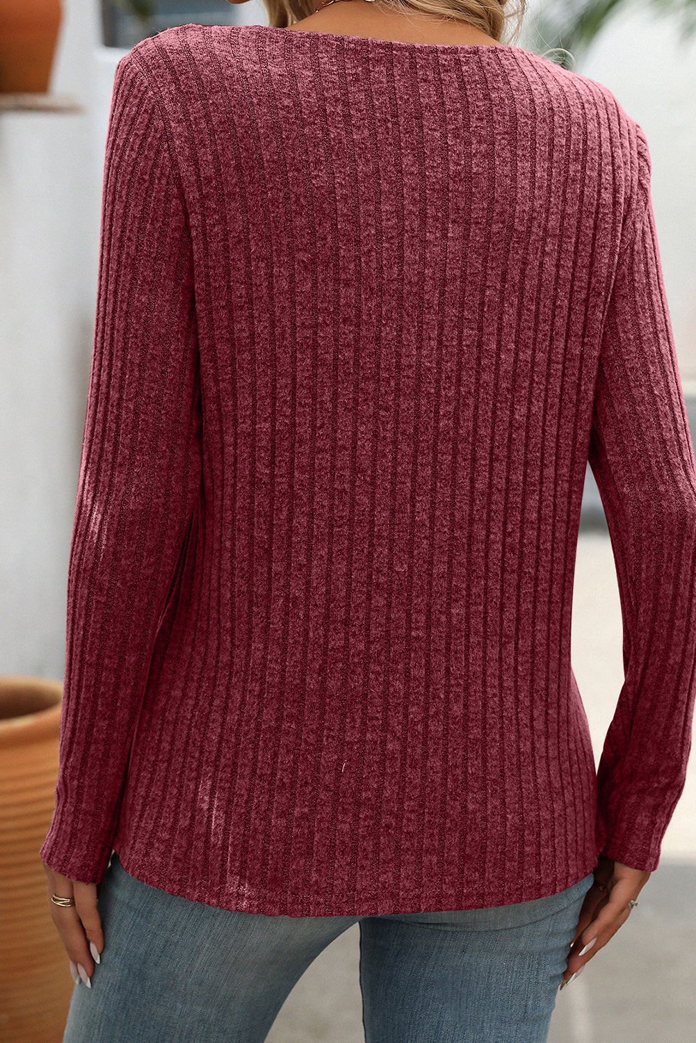 Mineral Red Ribbed Long Sleeve Buttoned Strap V Neck Top