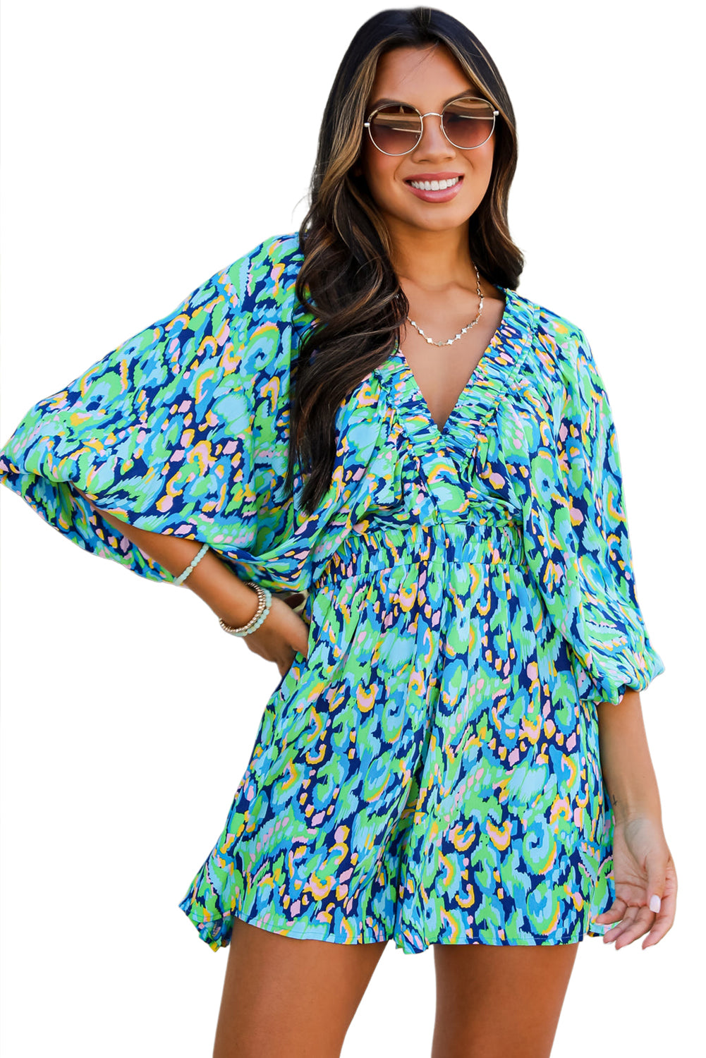 Green Abstract Print Batwing Sleeve V Neck High Waist Romper