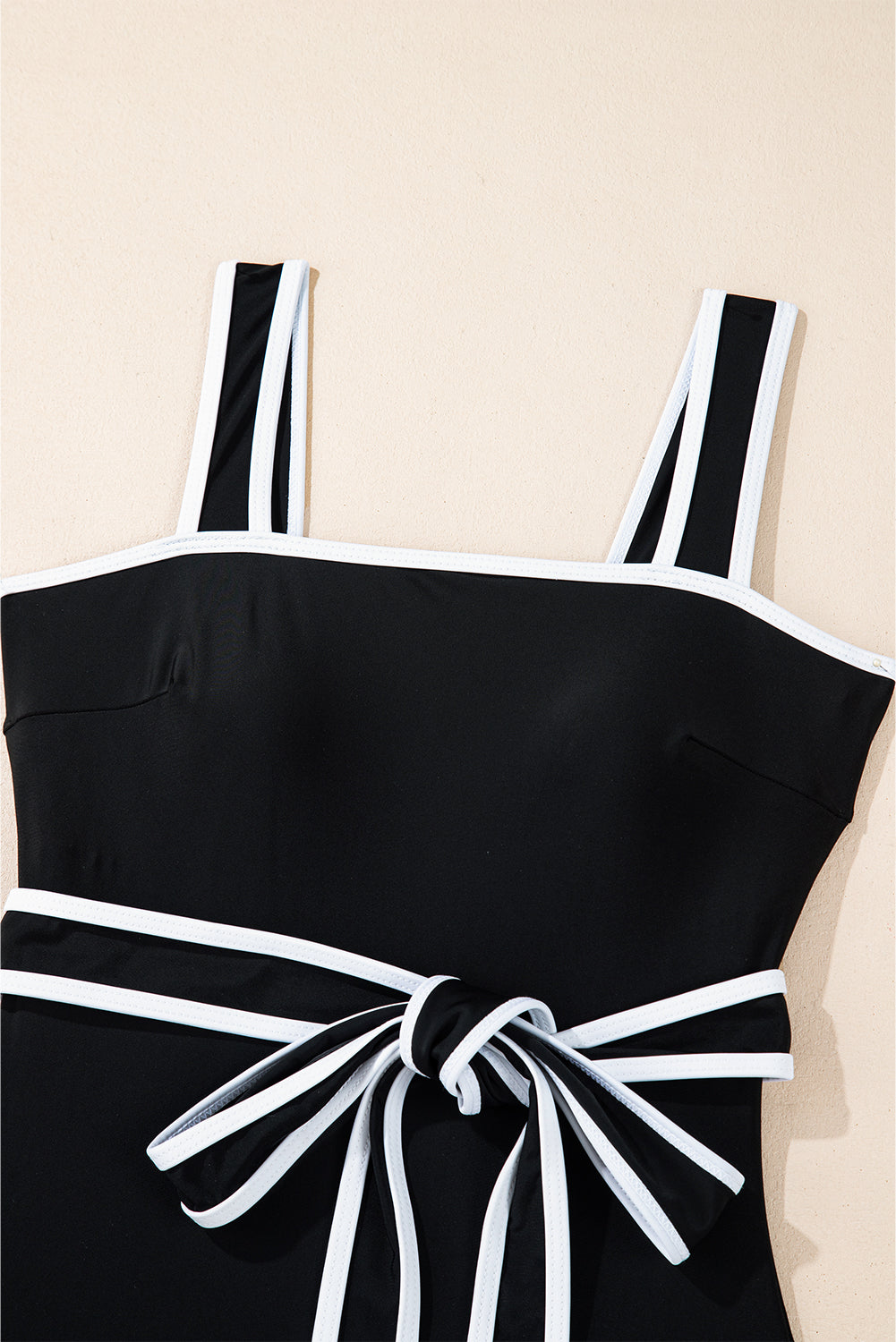 Black Contrast Edge Belted One Piece Swimsuit