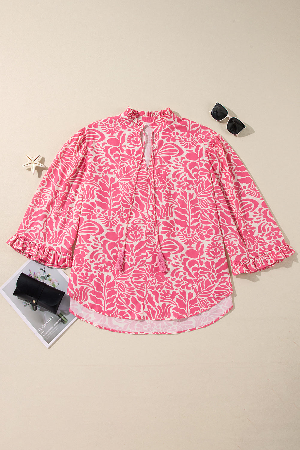 Pink Plus Size Floral Print Frilled Neck Puff Sleeve Blouse