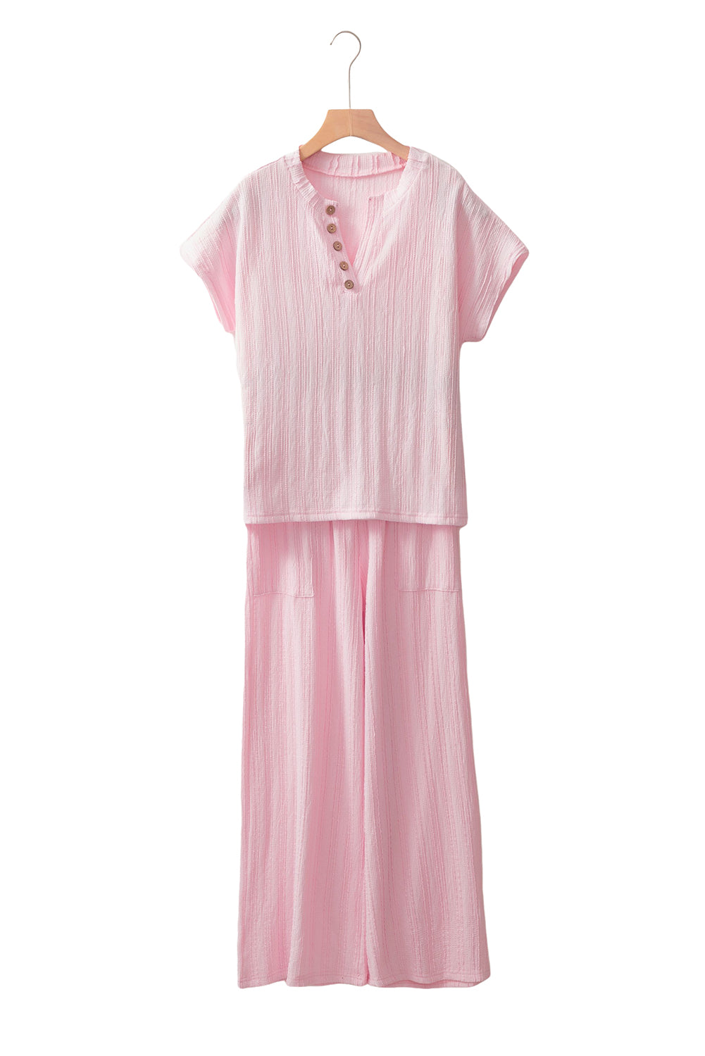 Light Pink Textured Short Sleeve Henley Top and Pocketed Wide Leg Pants