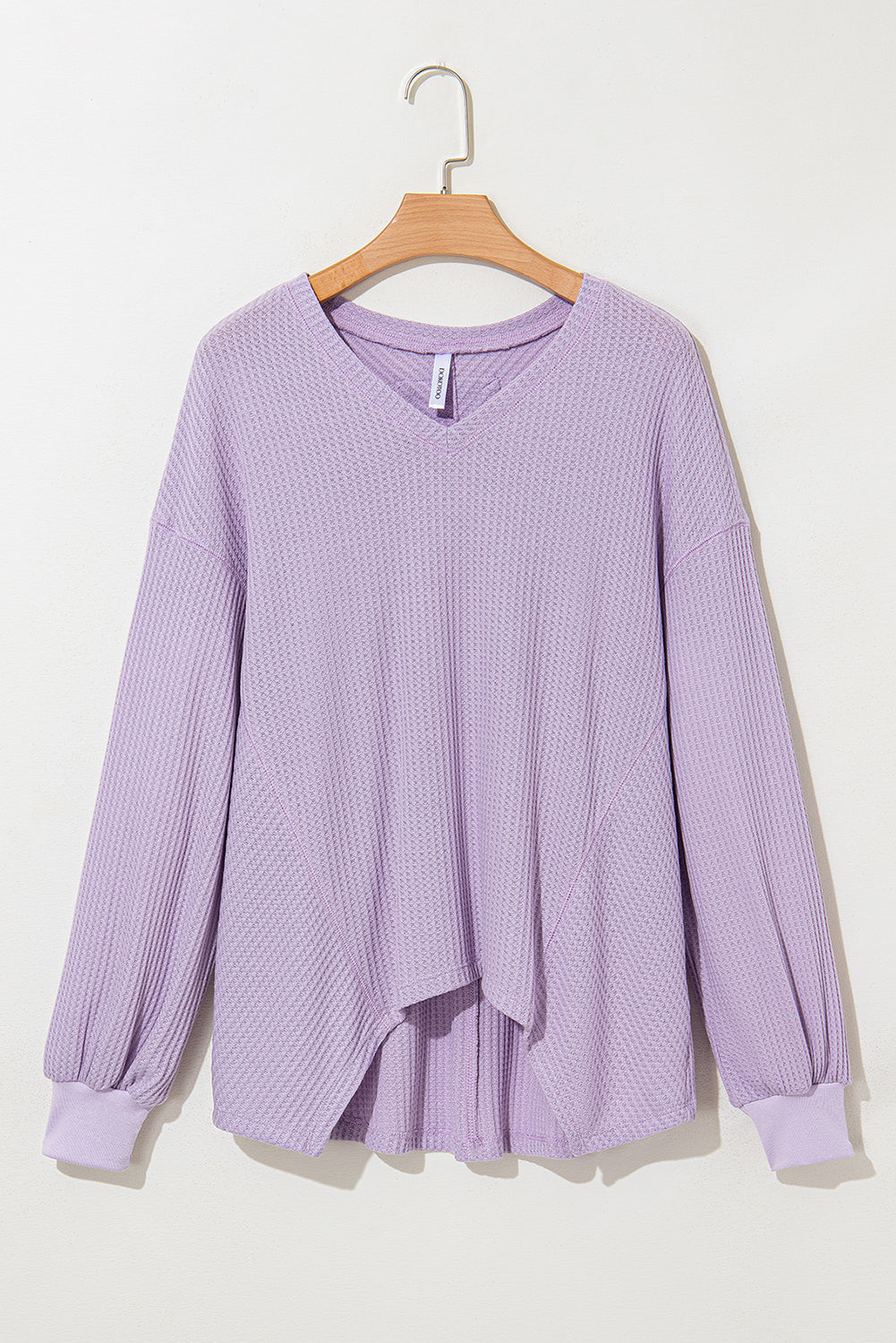 Light Pink Waffle V Neck Drop Shoulder Long Sleeve Loose Top