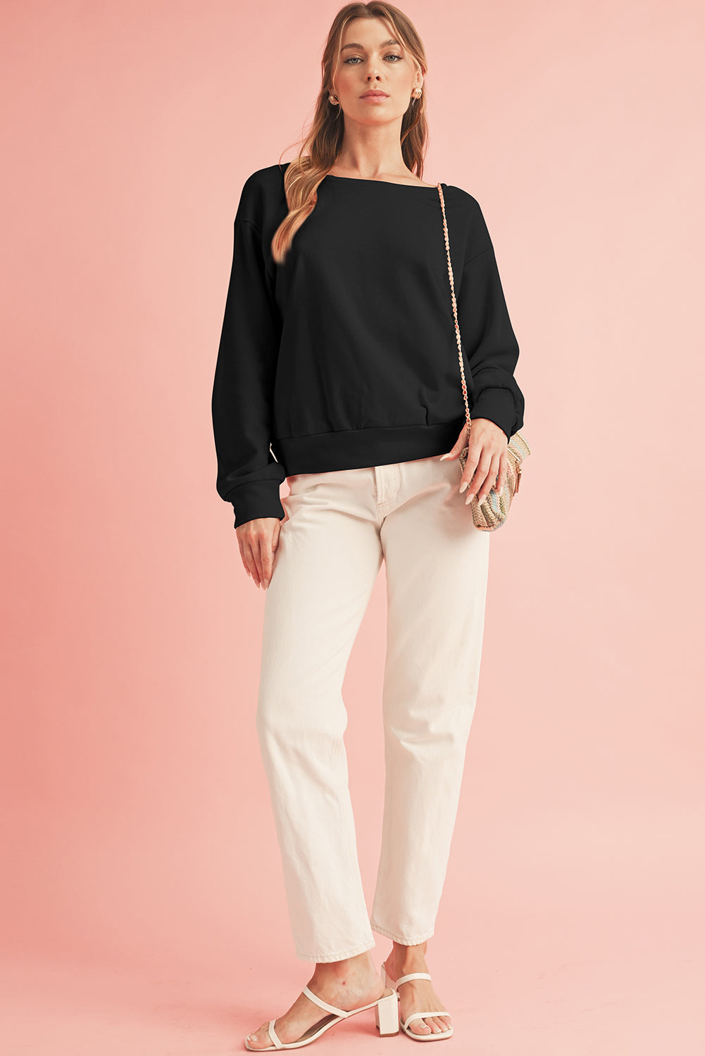 Apricot Bowknot Plain Round Neck Sweatshirt