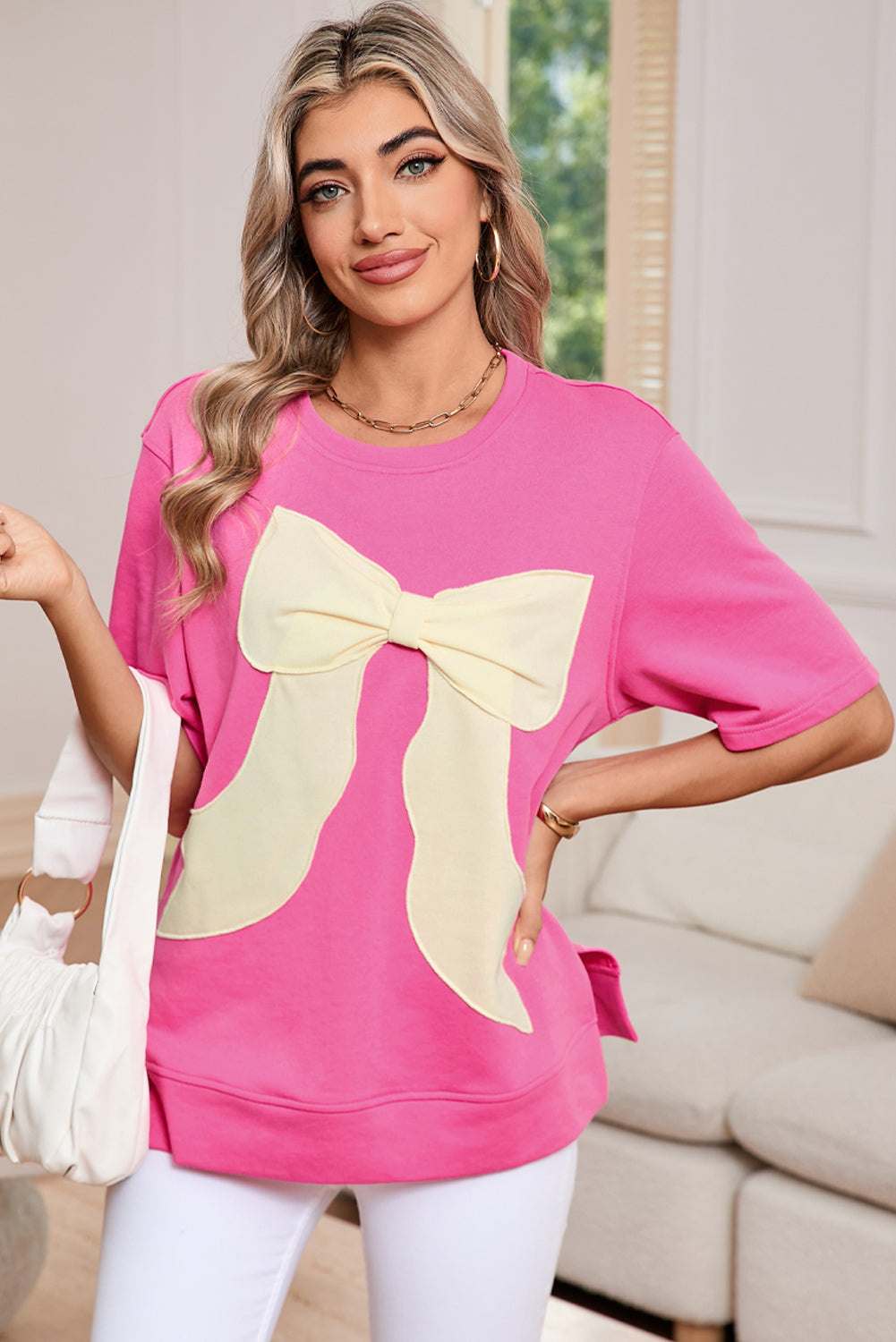 Strawberry Pink Sweet Bow Round Neck T-Shirt