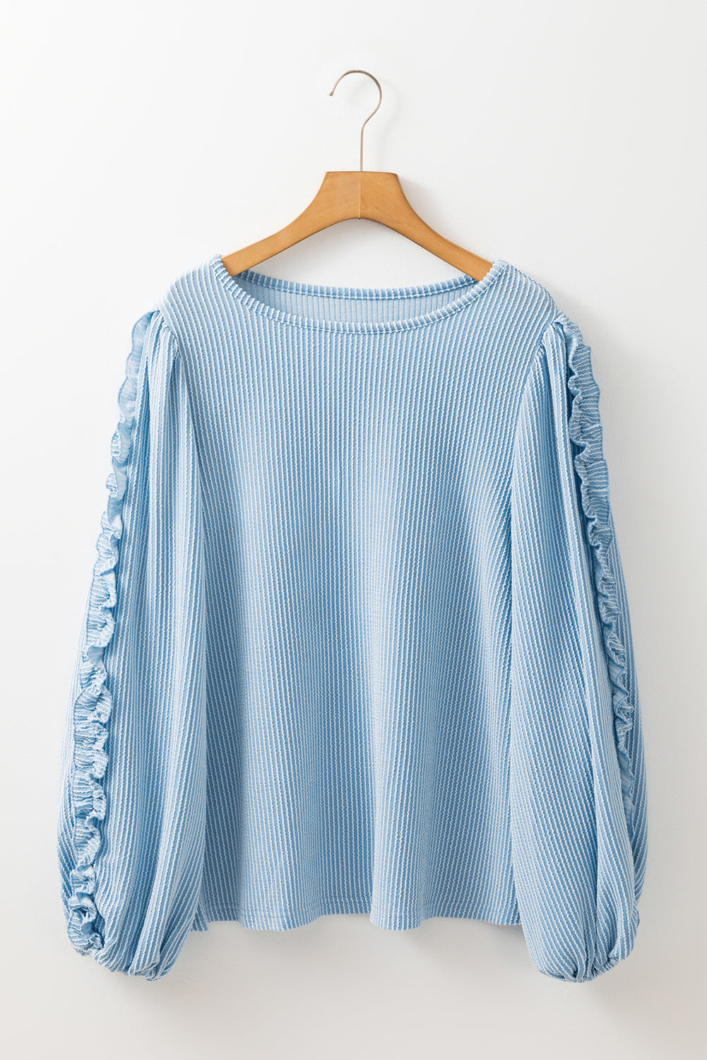 Mist Blue Corded Frill Detail Puff Sleeve Top