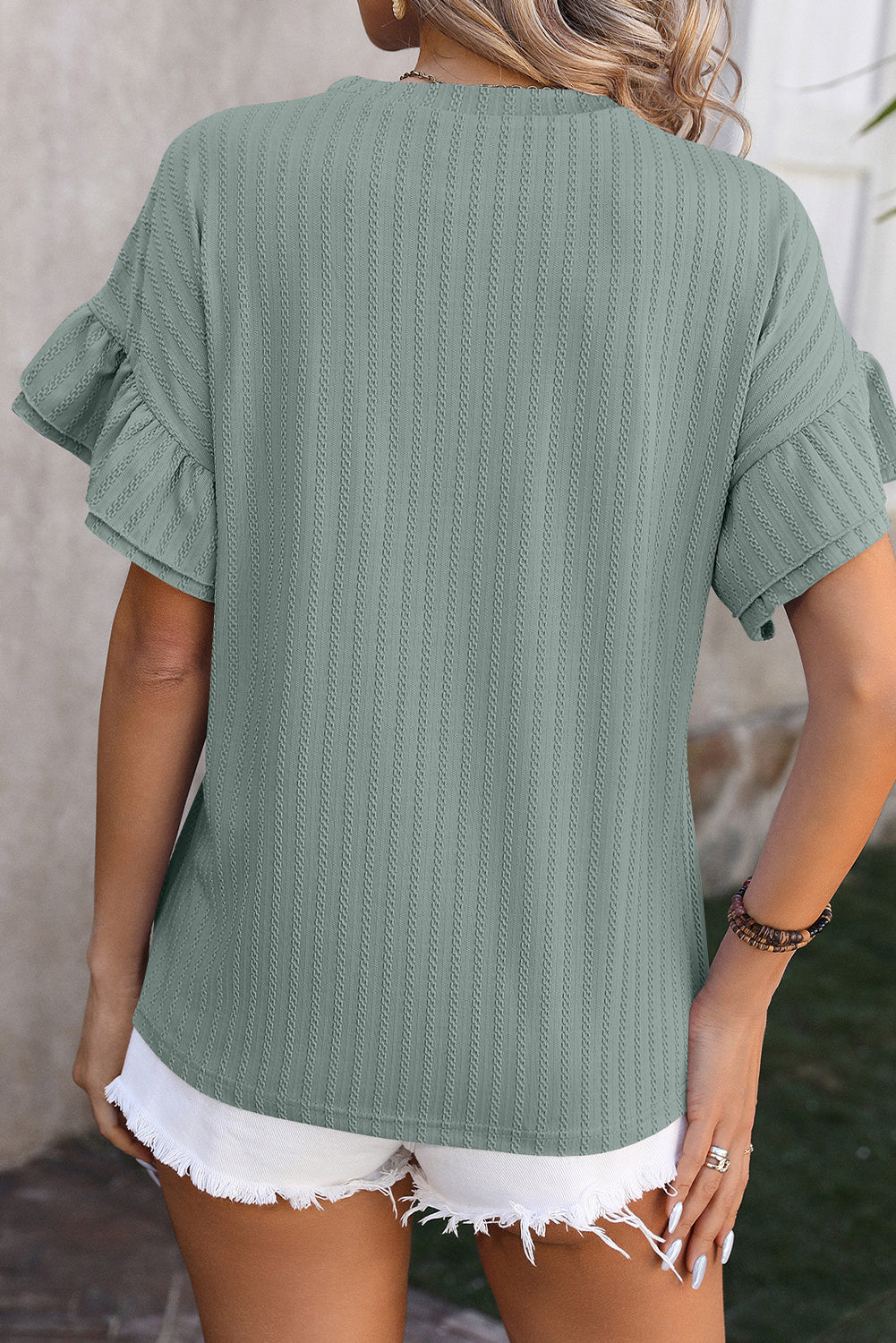 Mist Green Plain Textured Layered Ruffle Sleeve T Shirt