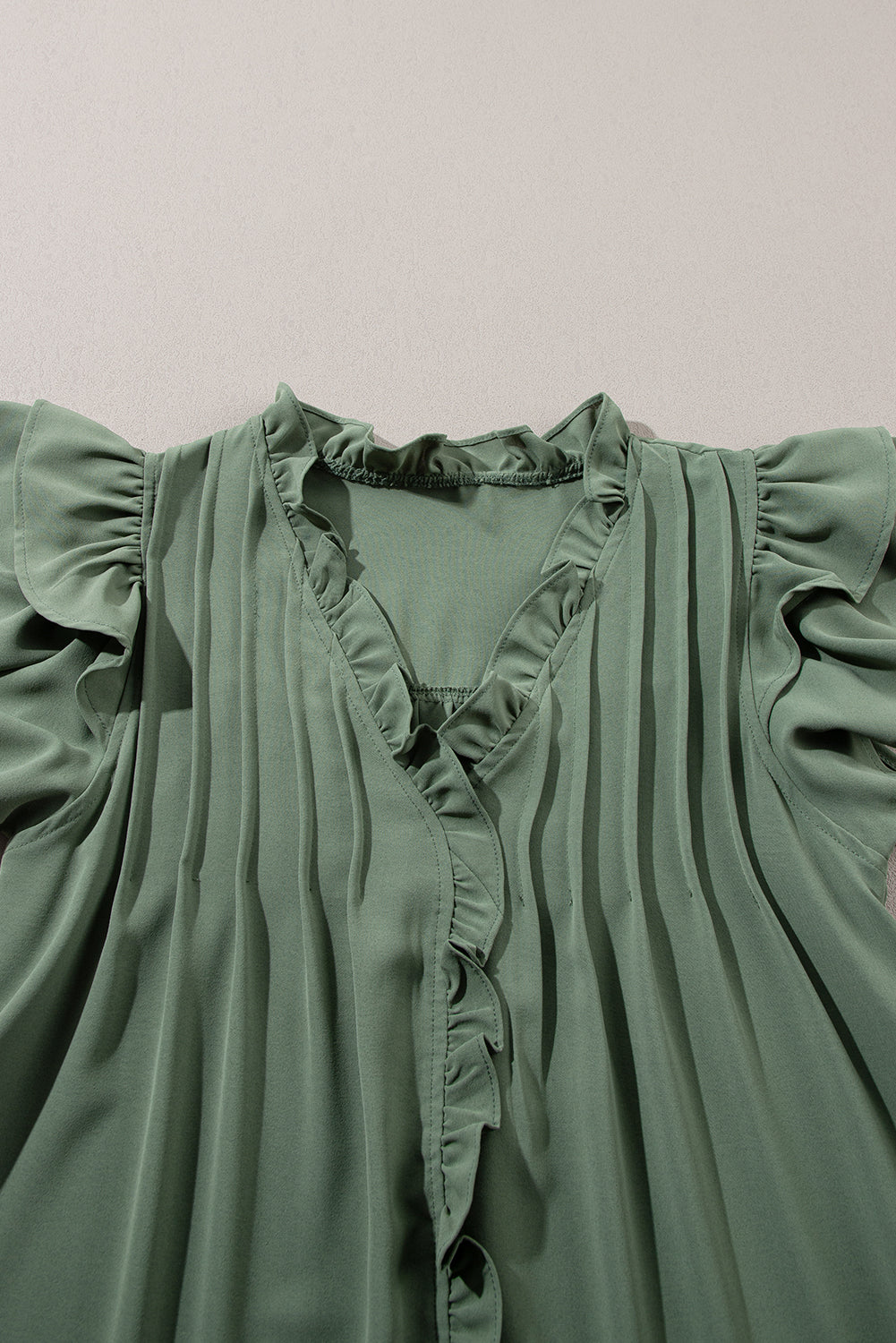 Mist Green Ruffle Trim Sleeve V Neck Pocketed Mini Dress