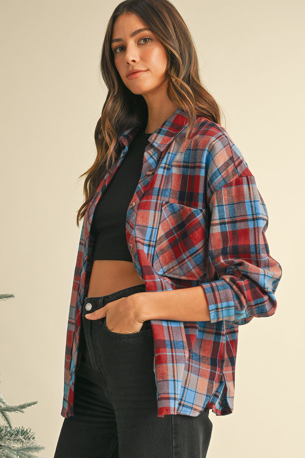 Red Plaid Print Drop Sleeve Loose Shirt