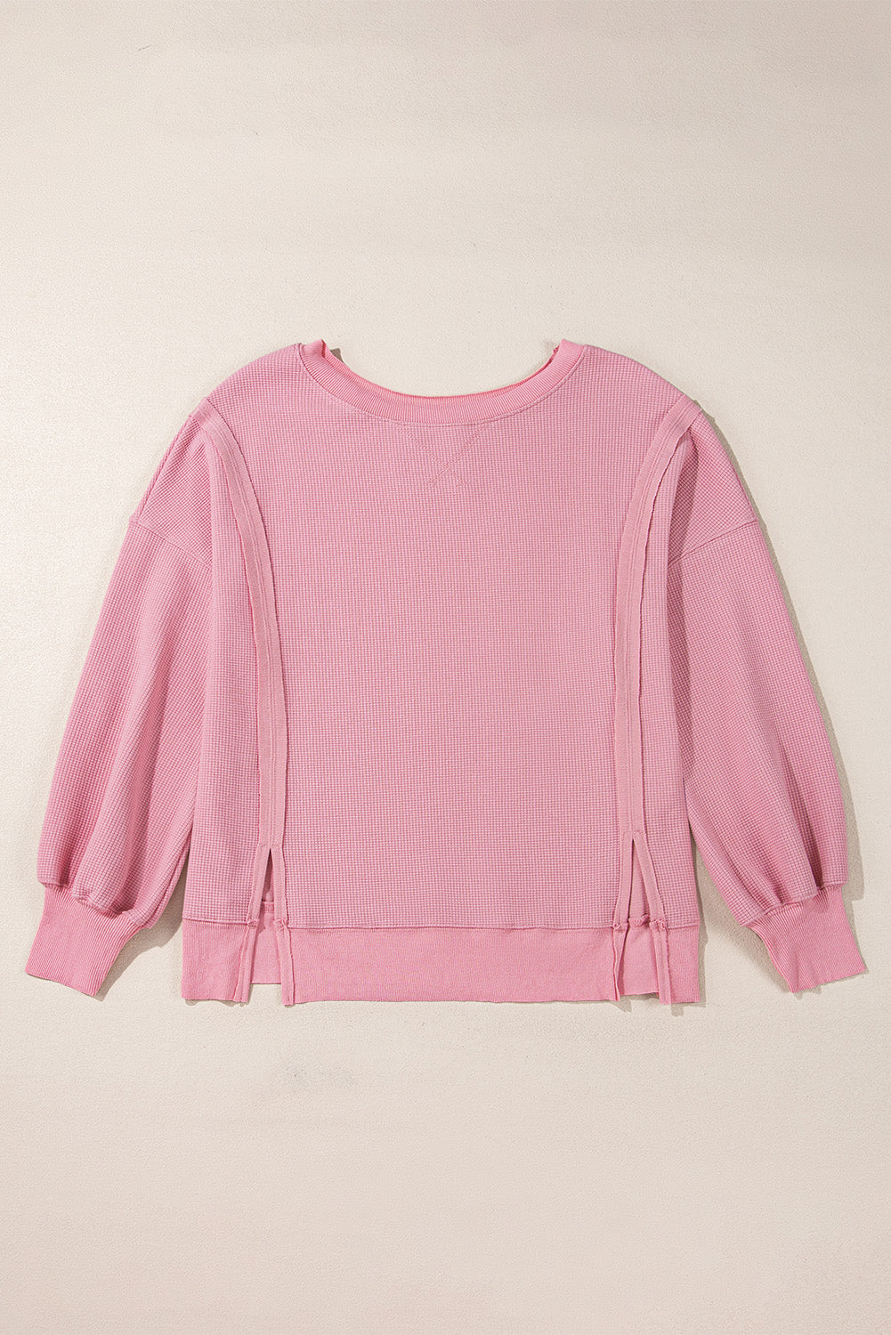 Pink Waffle Bishop Sleeve Split Oversized Sweatshirt