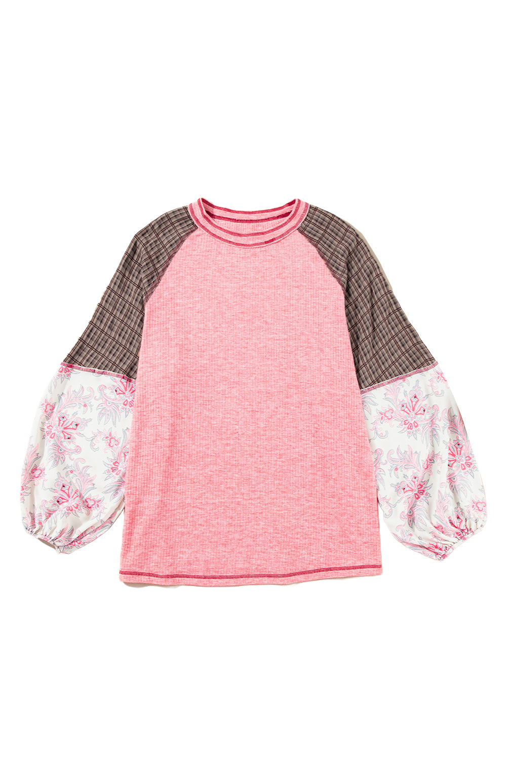 Pink Checkered Patchwork Raglan Sleeve Seamed Plus Size Top