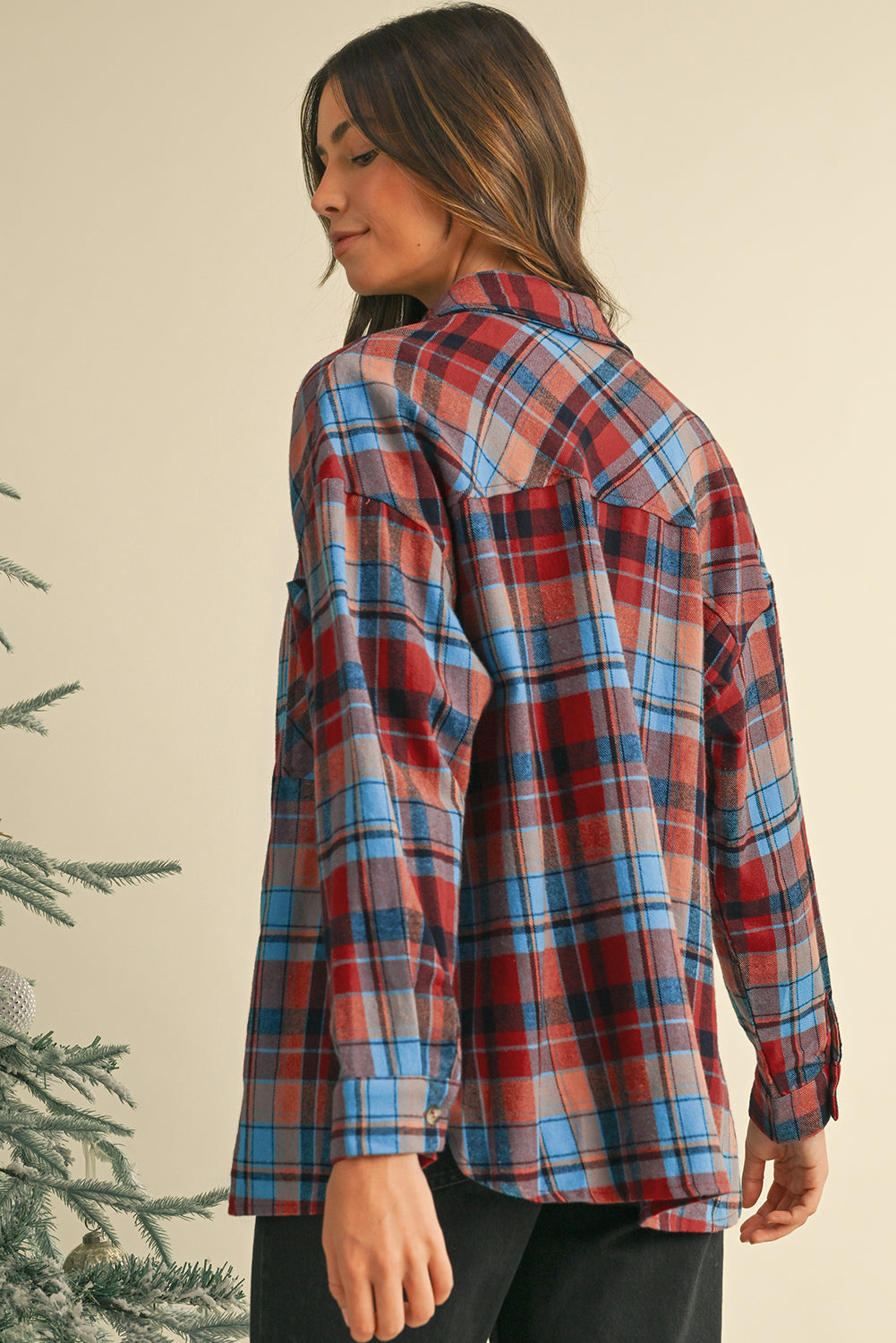 Red Plaid Print Drop Sleeve Loose Shirt