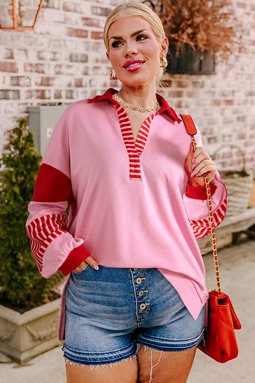 Rose Striped Patchwork Side Split Collared Plus Size Sweatshirt