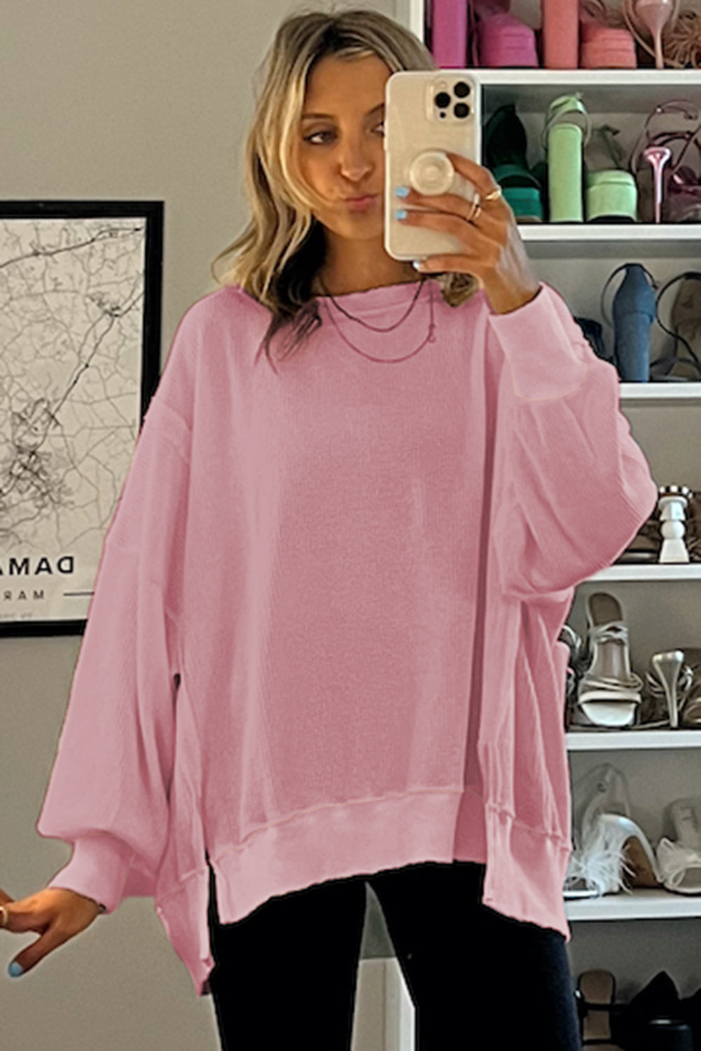 Pink Waffle Bishop Sleeve Split Oversized Sweatshirt