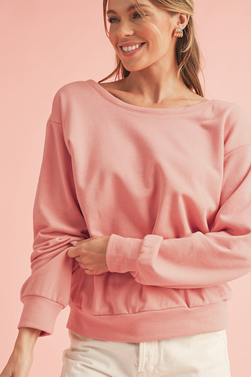 Apricot Bowknot Plain Round Neck Sweatshirt