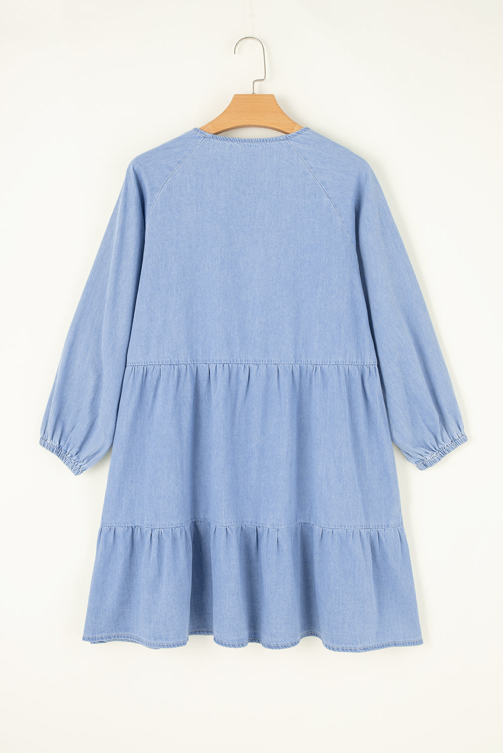 Beau Blue Puff Sleeve V Neck Tiered Ruffled Chambray Mini Dress