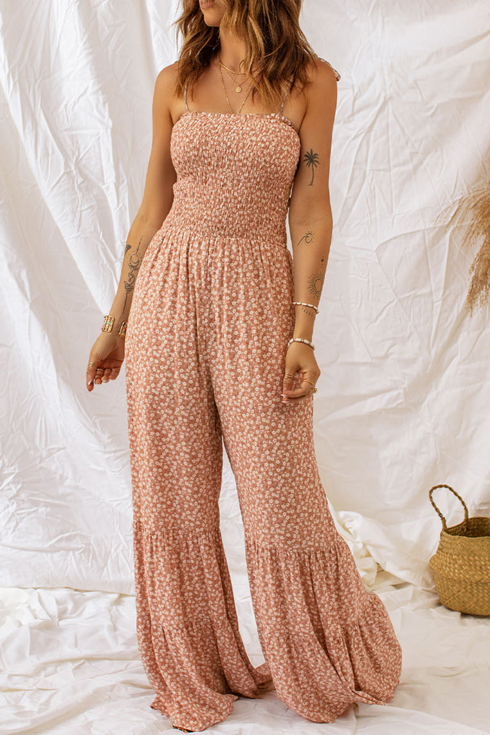 Dusk Blue Floral Print Spaghetti Straps Smocked Wide Leg Jumpsuit