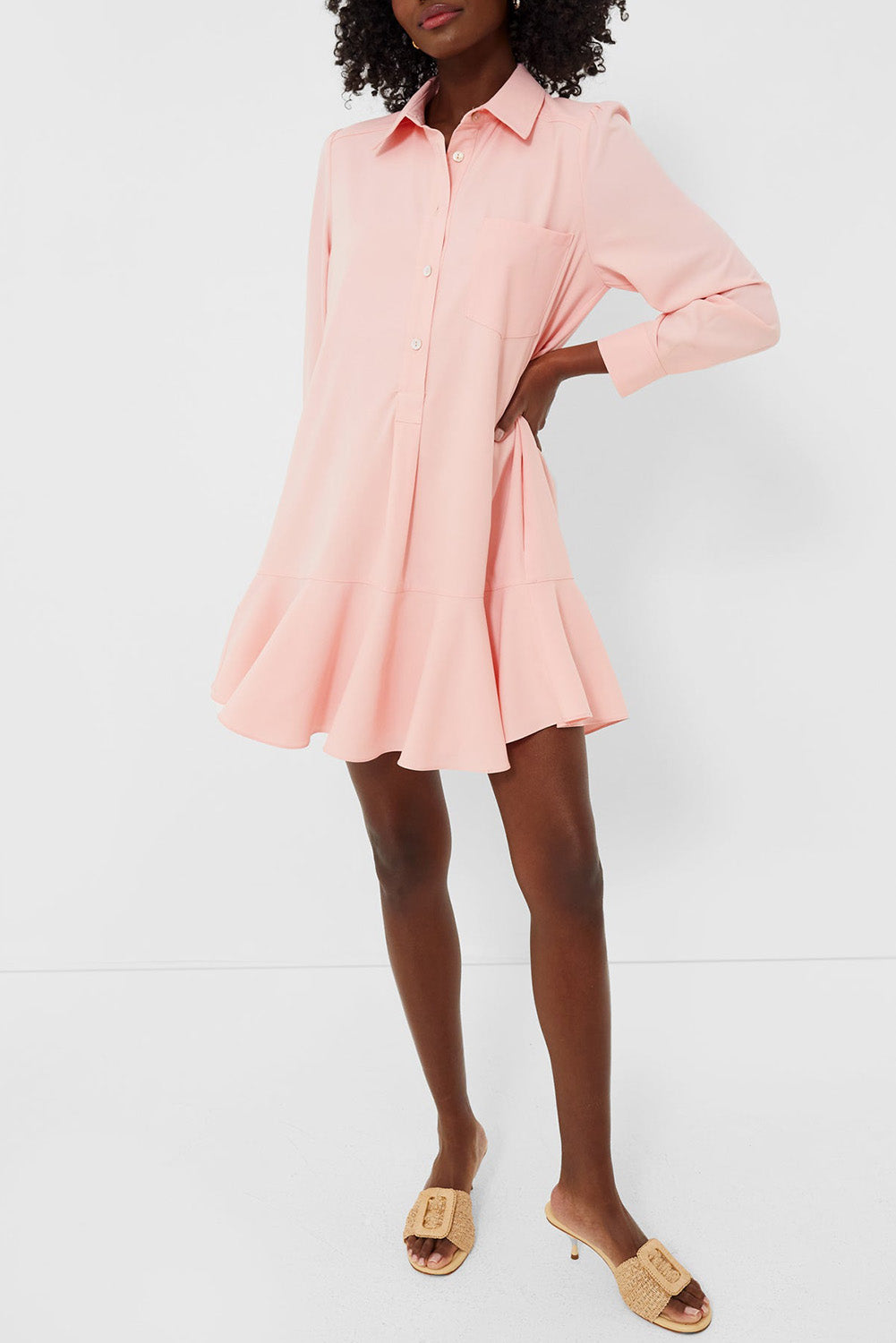 Delicacy Plain Ruffle Hem Mini Shirt Dress