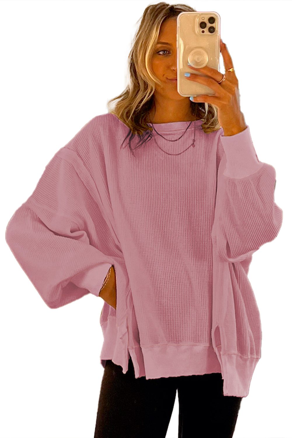 Pink Waffle Bishop Sleeve Split Oversized Sweatshirt