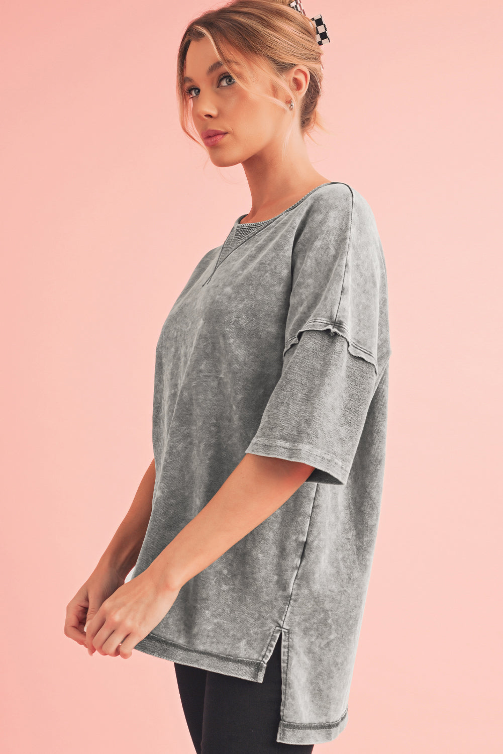 Orchid Petal Mineral Wash Exposed Seam Drop Shoulder Oversized Tee