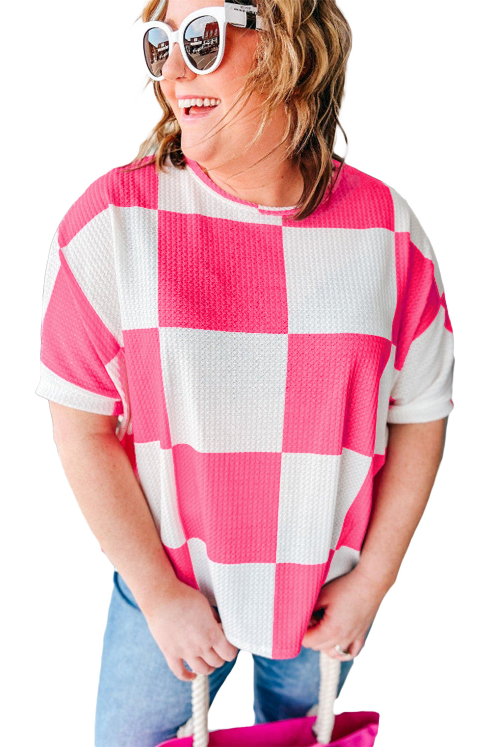 White Textured Checkerboard Round Neck Plus Size T Shirt