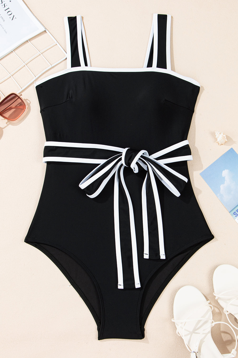 Black Contrast Edge Belted One Piece Swimsuit