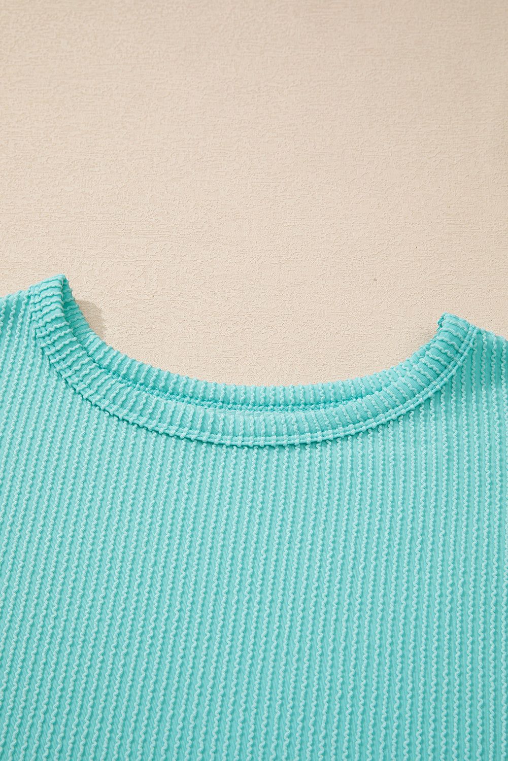 Aruba Blue Plain Crinkle Ribbed Round Neck Top